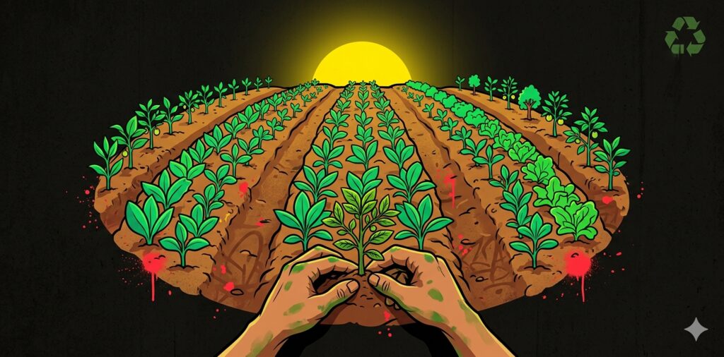 Mãos plantando em campo agroflorestal