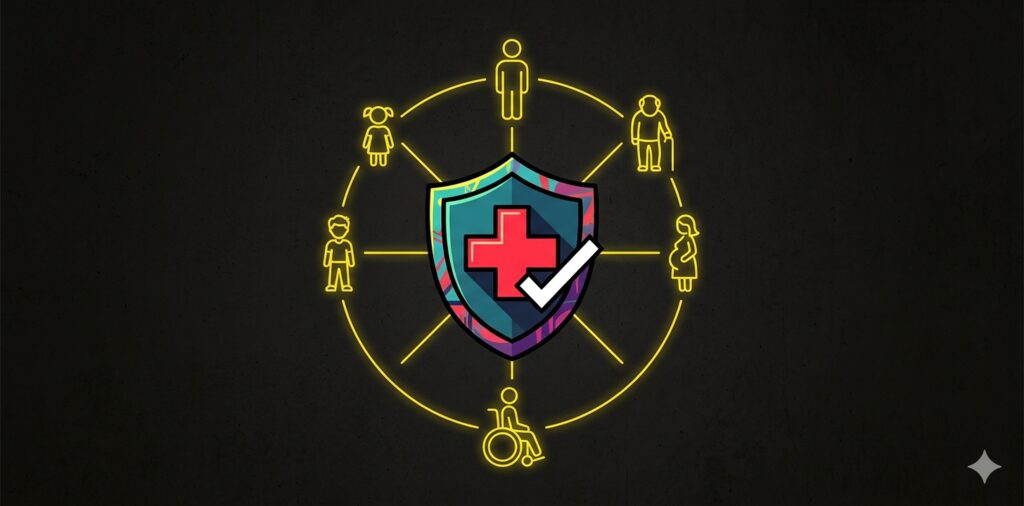 Escudo de saúde com pessoas diversas