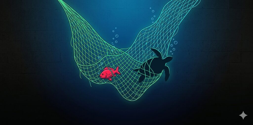 Rede abandonada matando vida marinha