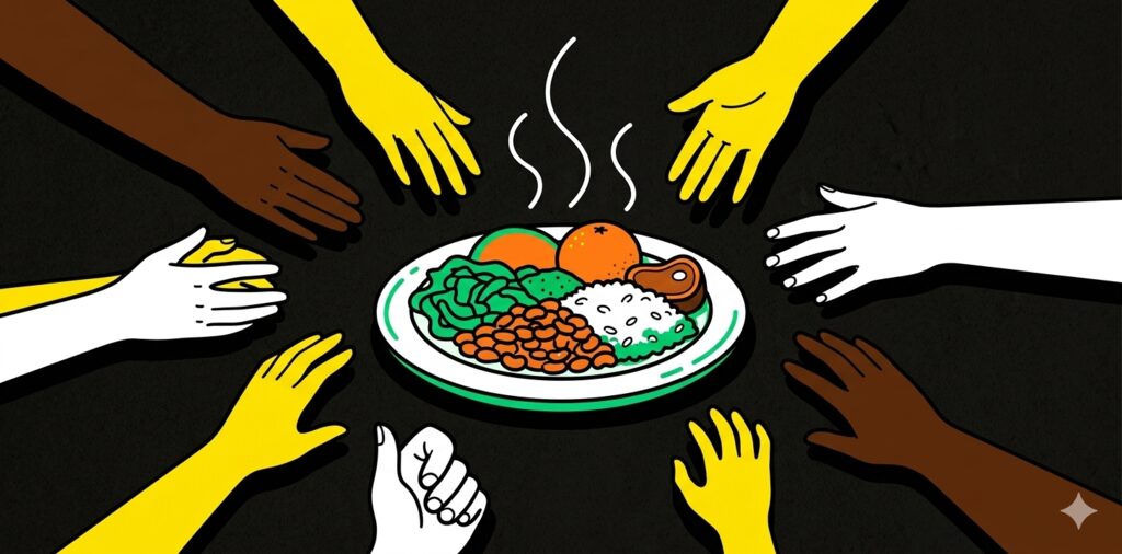 Mãos diversas ao redor de prato